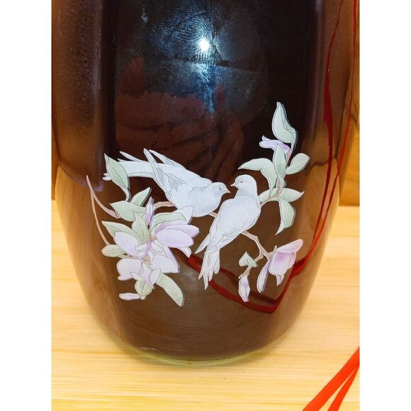Vintage Japanese Black Transferware Birds and Flowers Porcelain Vase - Picture 2 of 7